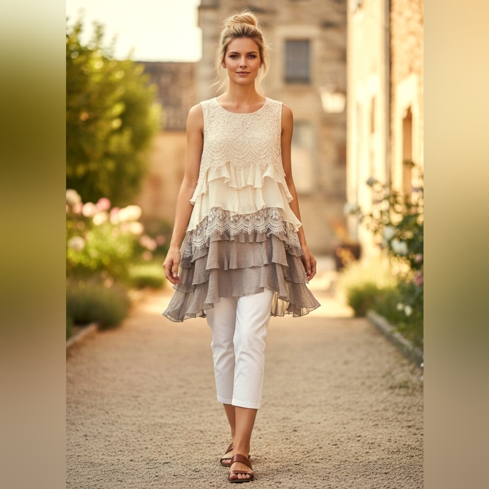 Angel Heart Boutique Layered Ruffle Cottagecore Tunic Top in Cream and Taupe